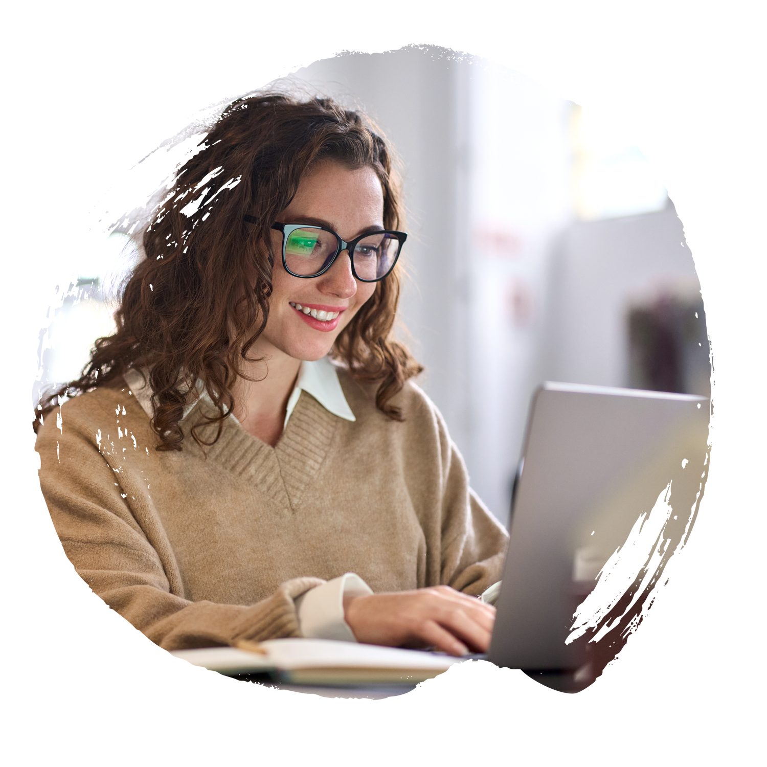 Young woman wearing glasses completed Google AI training course on laptop.